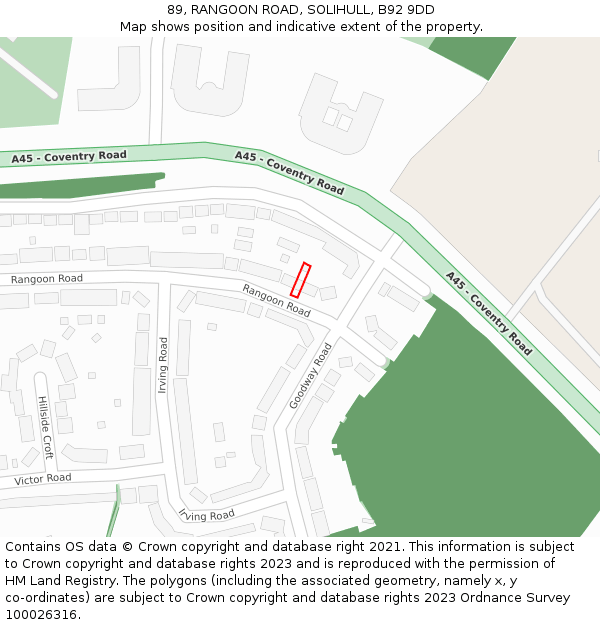 89, RANGOON ROAD, SOLIHULL, B92 9DD: Location map and indicative extent of plot