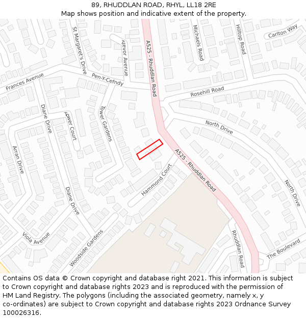 89, RHUDDLAN ROAD, RHYL, LL18 2RE: Location map and indicative extent of plot