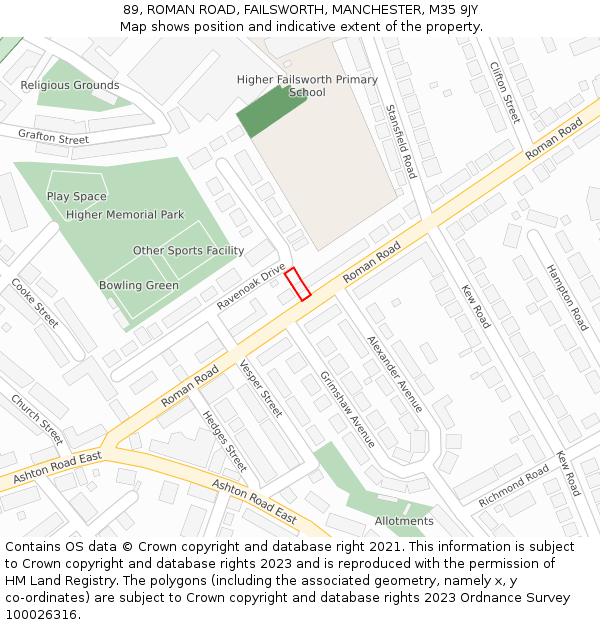 89, ROMAN ROAD, FAILSWORTH, MANCHESTER, M35 9JY: Location map and indicative extent of plot