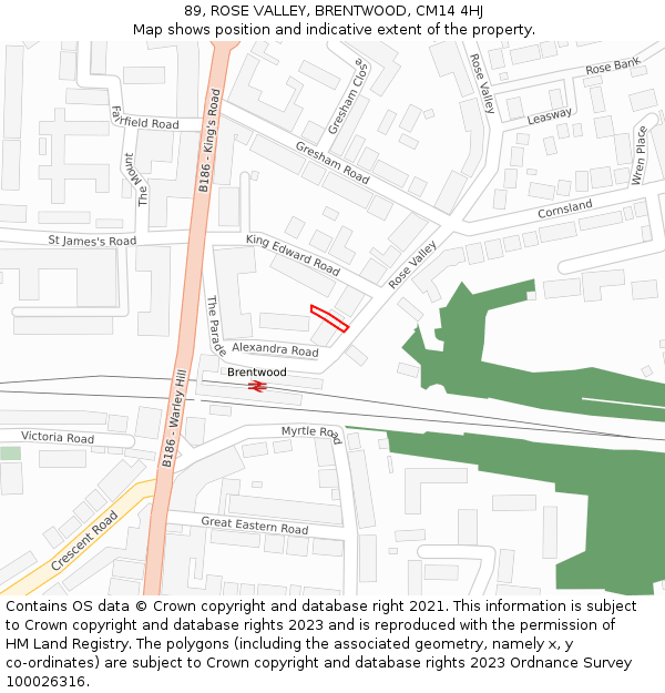 89, ROSE VALLEY, BRENTWOOD, CM14 4HJ: Location map and indicative extent of plot