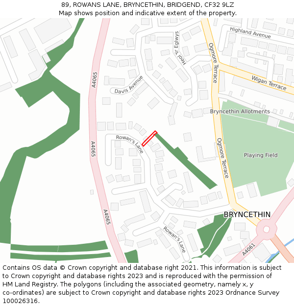 89, ROWANS LANE, BRYNCETHIN, BRIDGEND, CF32 9LZ: Location map and indicative extent of plot