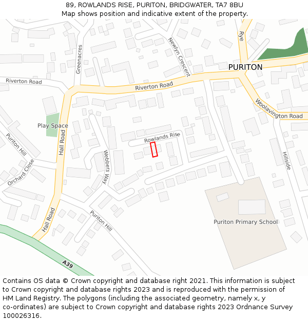 89, ROWLANDS RISE, PURITON, BRIDGWATER, TA7 8BU: Location map and indicative extent of plot