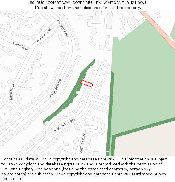 89, RUSHCOMBE WAY, CORFE MULLEN, WIMBORNE, BH21 3QU: Location map and indicative extent of plot