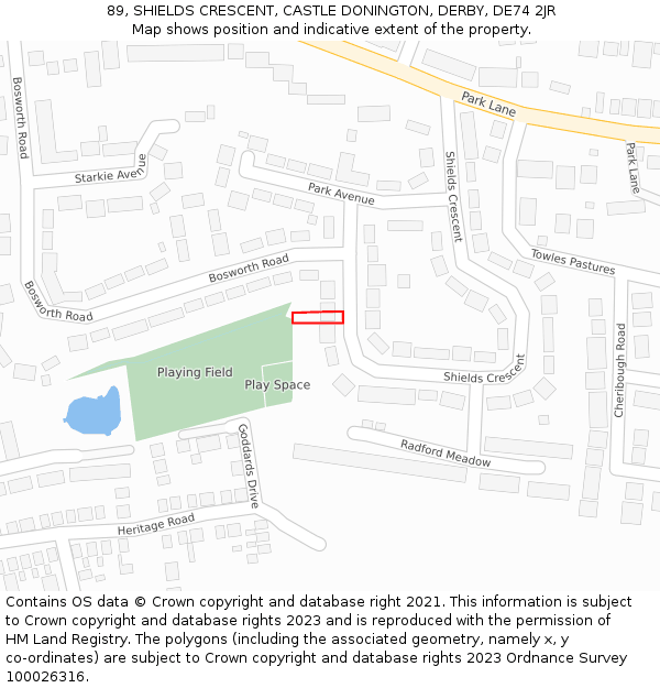 89, SHIELDS CRESCENT, CASTLE DONINGTON, DERBY, DE74 2JR: Location map and indicative extent of plot