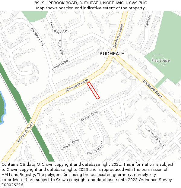 89, SHIPBROOK ROAD, RUDHEATH, NORTHWICH, CW9 7HG: Location map and indicative extent of plot