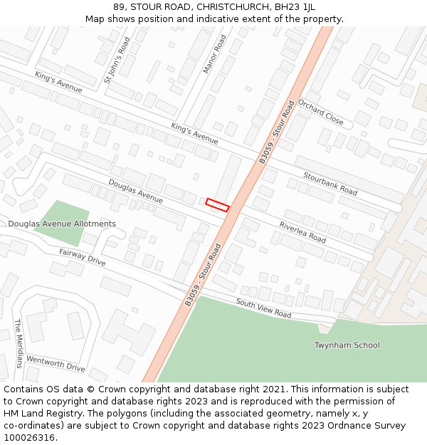 89, STOUR ROAD, CHRISTCHURCH, BH23 1JL: Location map and indicative extent of plot