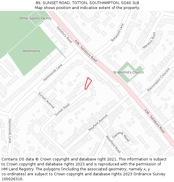 89, SUNSET ROAD, TOTTON, SOUTHAMPTON, SO40 3LB: Location map and indicative extent of plot