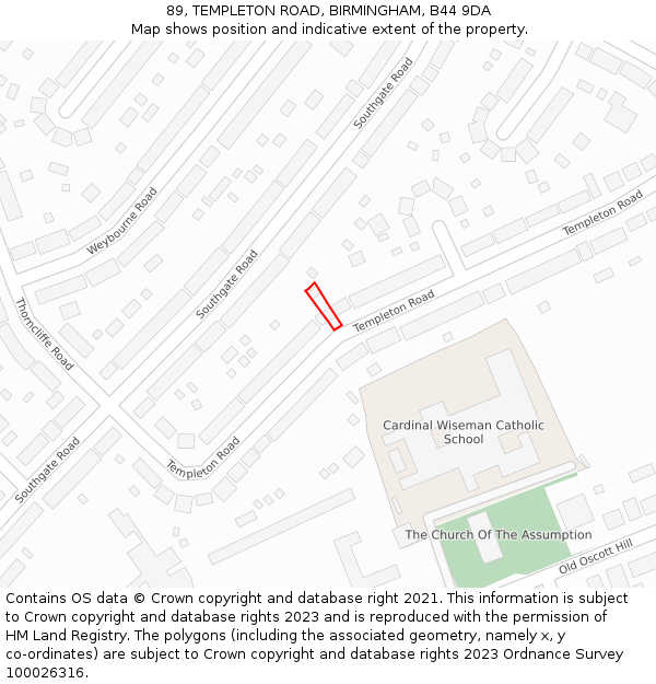 89, TEMPLETON ROAD, BIRMINGHAM, B44 9DA: Location map and indicative extent of plot