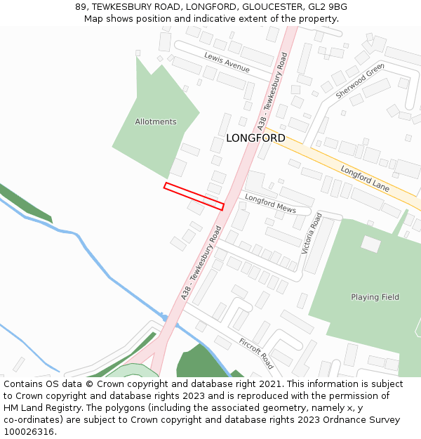 89, TEWKESBURY ROAD, LONGFORD, GLOUCESTER, GL2 9BG: Location map and indicative extent of plot