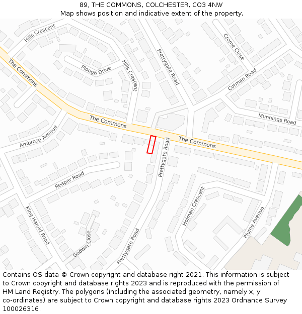 89, THE COMMONS, COLCHESTER, CO3 4NW: Location map and indicative extent of plot