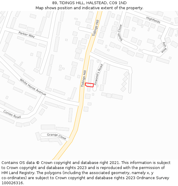 89, TIDINGS HILL, HALSTEAD, CO9 1ND: Location map and indicative extent of plot