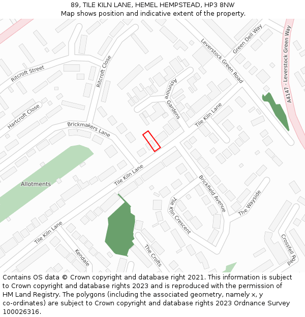 89, TILE KILN LANE, HEMEL HEMPSTEAD, HP3 8NW: Location map and indicative extent of plot