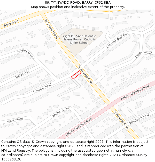 89, TYNEWYDD ROAD, BARRY, CF62 8BA: Location map and indicative extent of plot