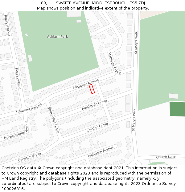 89, ULLSWATER AVENUE, MIDDLESBROUGH, TS5 7DJ: Location map and indicative extent of plot