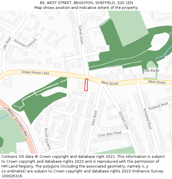 89, WEST STREET, BEIGHTON, SHEFFIELD, S20 1EN: Location map and indicative extent of plot