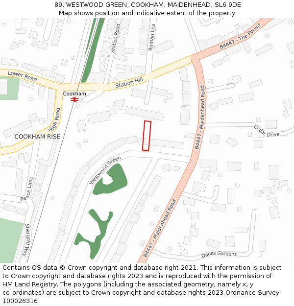 89, WESTWOOD GREEN, COOKHAM, MAIDENHEAD, SL6 9DE: Location map and indicative extent of plot