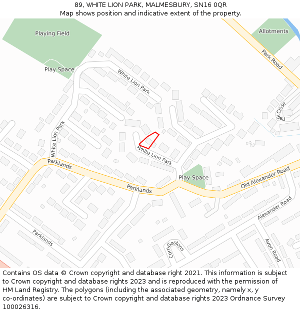 89, WHITE LION PARK, MALMESBURY, SN16 0QR: Location map and indicative extent of plot