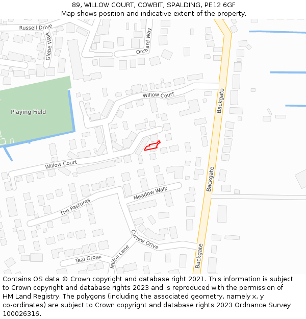 89, WILLOW COURT, COWBIT, SPALDING, PE12 6GF: Location map and indicative extent of plot