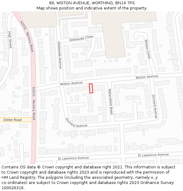 89, WISTON AVENUE, WORTHING, BN14 7PS: Location map and indicative extent of plot