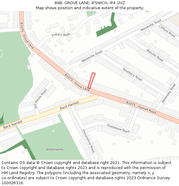 89B, GROVE LANE, IPSWICH, IP4 1NZ: Location map and indicative extent of plot