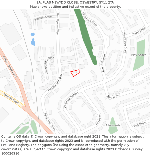 8A, PLAS NEWYDD CLOSE, OSWESTRY, SY11 2TA: Location map and indicative extent of plot