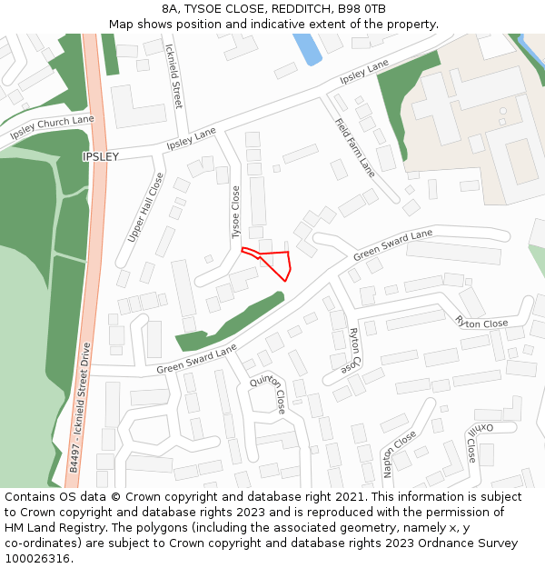 8A, TYSOE CLOSE, REDDITCH, B98 0TB: Location map and indicative extent of plot
