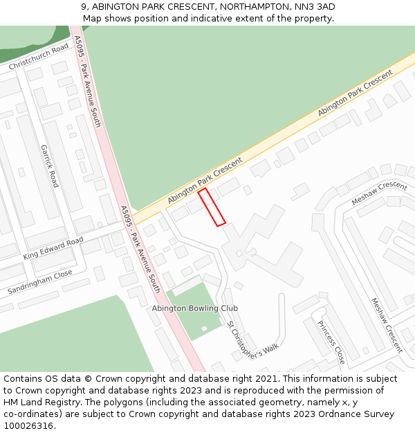 9, ABINGTON PARK CRESCENT, NORTHAMPTON, NN3 3AD: Location map and indicative extent of plot