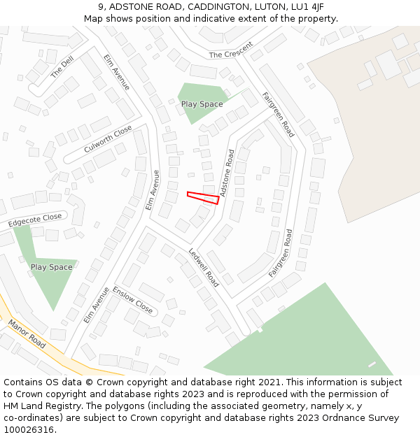 9, ADSTONE ROAD, CADDINGTON, LUTON, LU1 4JF: Location map and indicative extent of plot