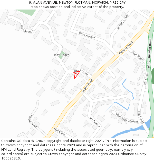 9, ALAN AVENUE, NEWTON FLOTMAN, NORWICH, NR15 1PY: Location map and indicative extent of plot