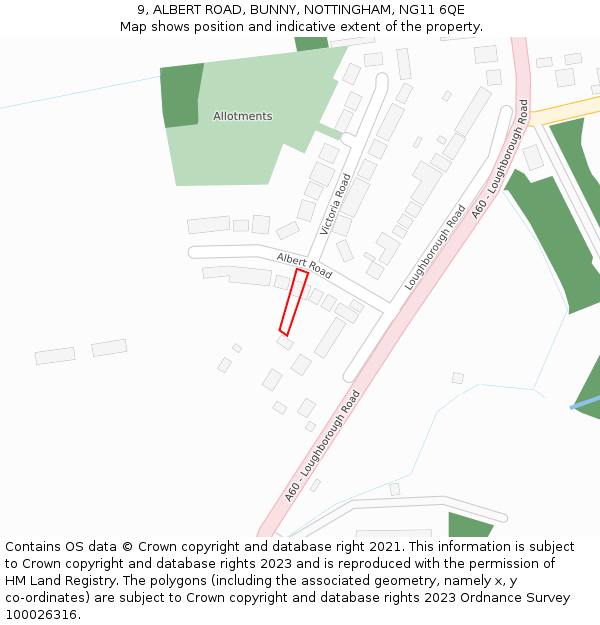 9, ALBERT ROAD, BUNNY, NOTTINGHAM, NG11 6QE: Location map and indicative extent of plot