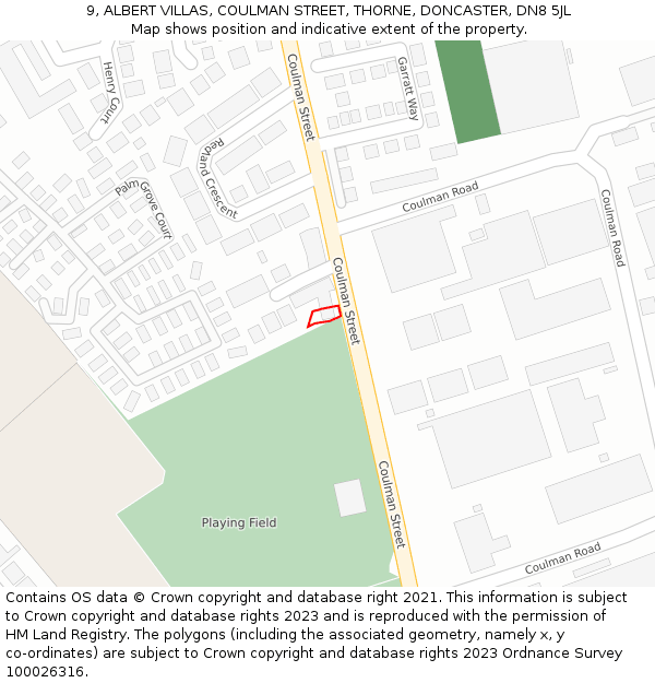 9, ALBERT VILLAS, COULMAN STREET, THORNE, DONCASTER, DN8 5JL: Location map and indicative extent of plot