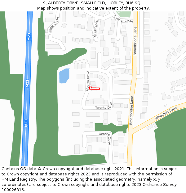 9, ALBERTA DRIVE, SMALLFIELD, HORLEY, RH6 9QU: Location map and indicative extent of plot