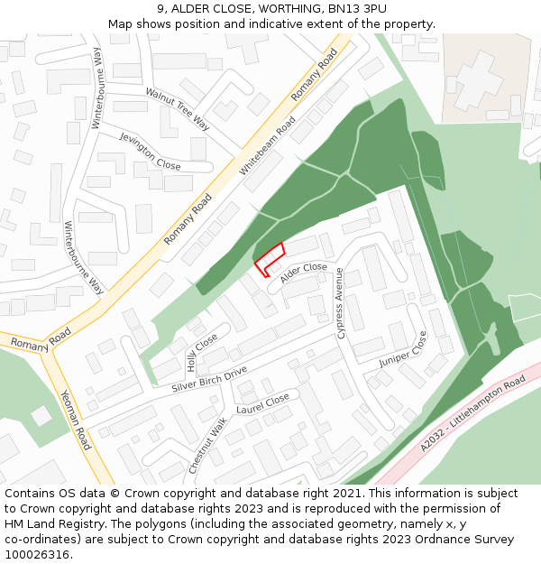 9, ALDER CLOSE, WORTHING, BN13 3PU: Location map and indicative extent of plot