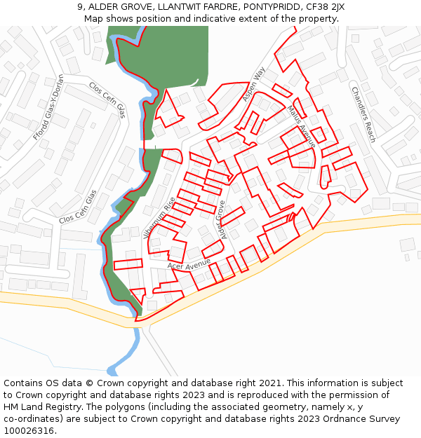 9, ALDER GROVE, LLANTWIT FARDRE, PONTYPRIDD, CF38 2JX: Location map and indicative extent of plot