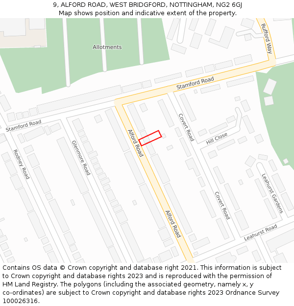 9, ALFORD ROAD, WEST BRIDGFORD, NOTTINGHAM, NG2 6GJ: Location map and indicative extent of plot