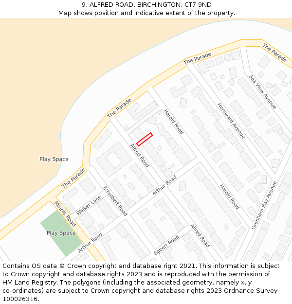 9, ALFRED ROAD, BIRCHINGTON, CT7 9ND: Location map and indicative extent of plot