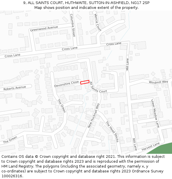 9, ALL SAINTS COURT, HUTHWAITE, SUTTON-IN-ASHFIELD, NG17 2SP: Location map and indicative extent of plot