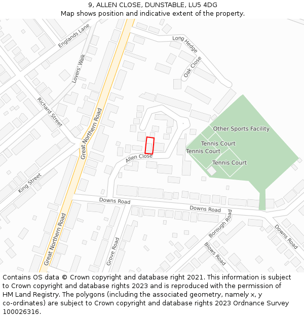 9, ALLEN CLOSE, DUNSTABLE, LU5 4DG: Location map and indicative extent of plot