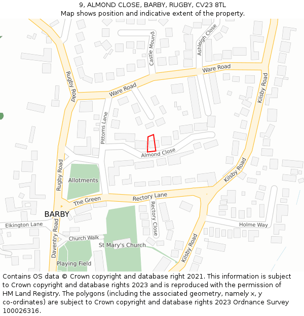 9, ALMOND CLOSE, BARBY, RUGBY, CV23 8TL: Location map and indicative extent of plot