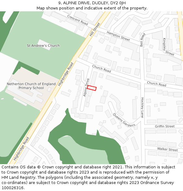 9, ALPINE DRIVE, DUDLEY, DY2 0JH: Location map and indicative extent of plot