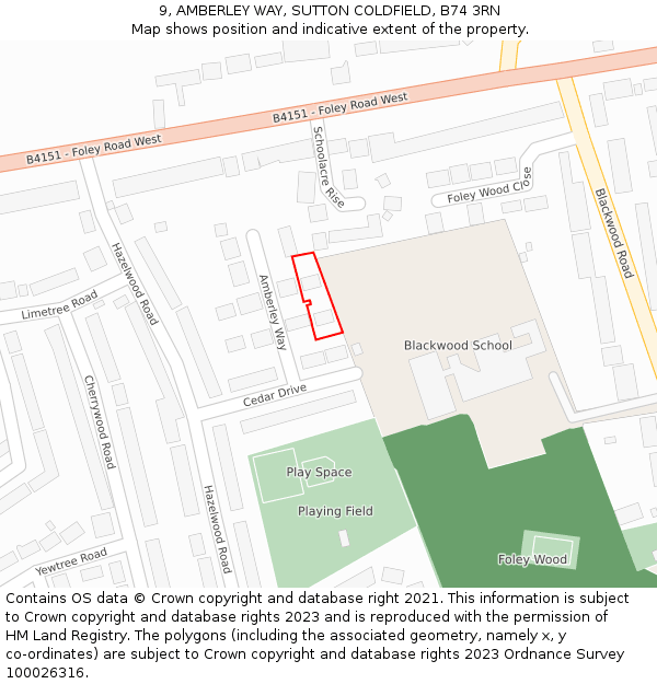 9, AMBERLEY WAY, SUTTON COLDFIELD, B74 3RN: Location map and indicative extent of plot