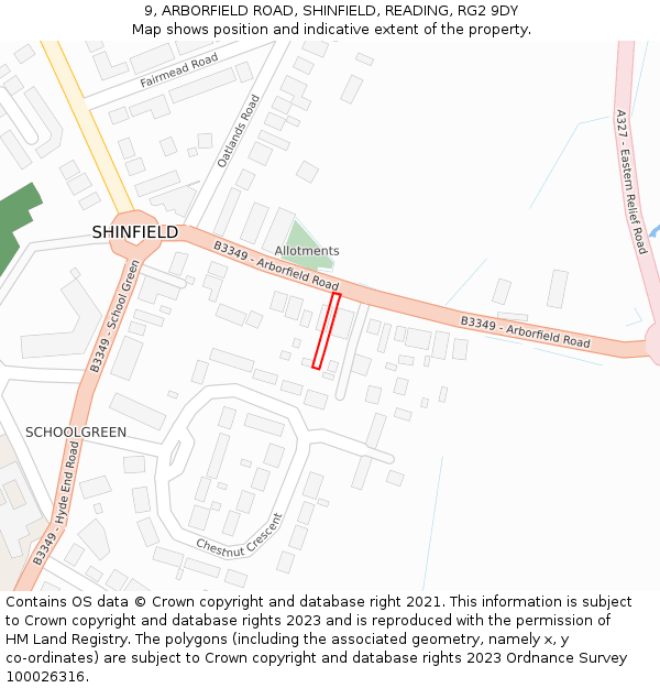 9, ARBORFIELD ROAD, SHINFIELD, READING, RG2 9DY: Location map and indicative extent of plot