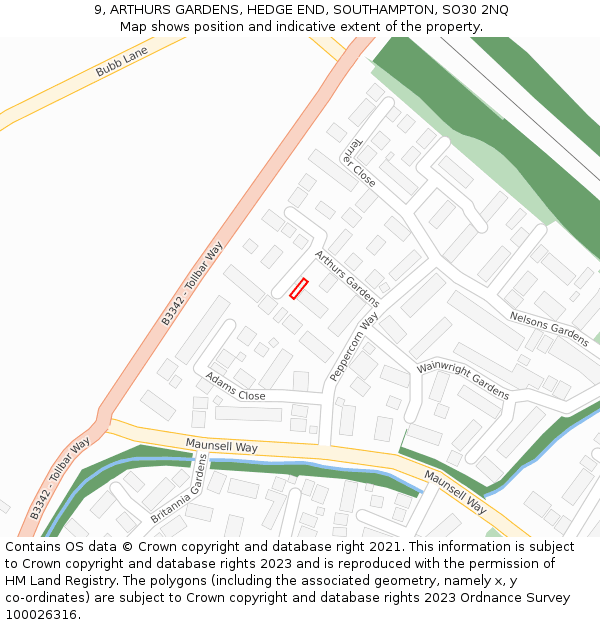 9, ARTHURS GARDENS, HEDGE END, SOUTHAMPTON, SO30 2NQ: Location map and indicative extent of plot