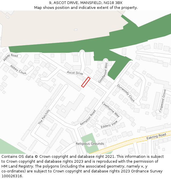 9, ASCOT DRIVE, MANSFIELD, NG18 3BX: Location map and indicative extent of plot