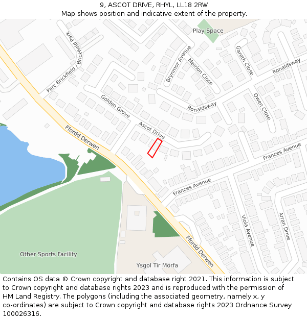 9, ASCOT DRIVE, RHYL, LL18 2RW: Location map and indicative extent of plot