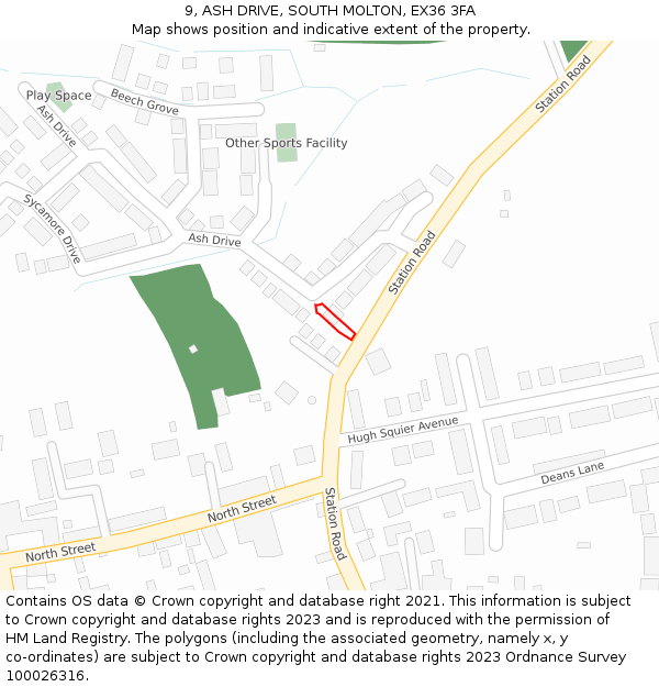 9, ASH DRIVE, SOUTH MOLTON, EX36 3FA: Location map and indicative extent of plot