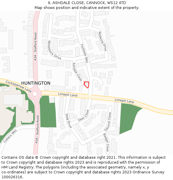 9, ASHDALE CLOSE, CANNOCK, WS12 4TD: Location map and indicative extent of plot