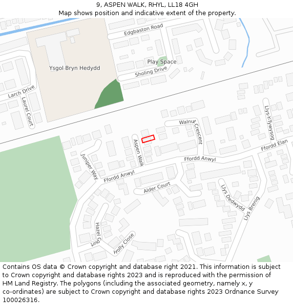 9, ASPEN WALK, RHYL, LL18 4GH: Location map and indicative extent of plot