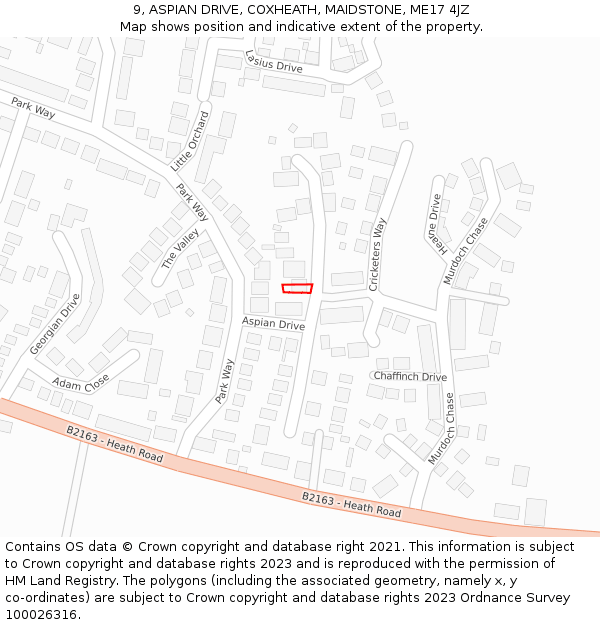 9, ASPIAN DRIVE, COXHEATH, MAIDSTONE, ME17 4JZ: Location map and indicative extent of plot
