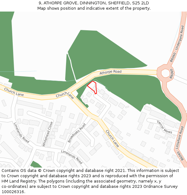 9, ATHORPE GROVE, DINNINGTON, SHEFFIELD, S25 2LD: Location map and indicative extent of plot